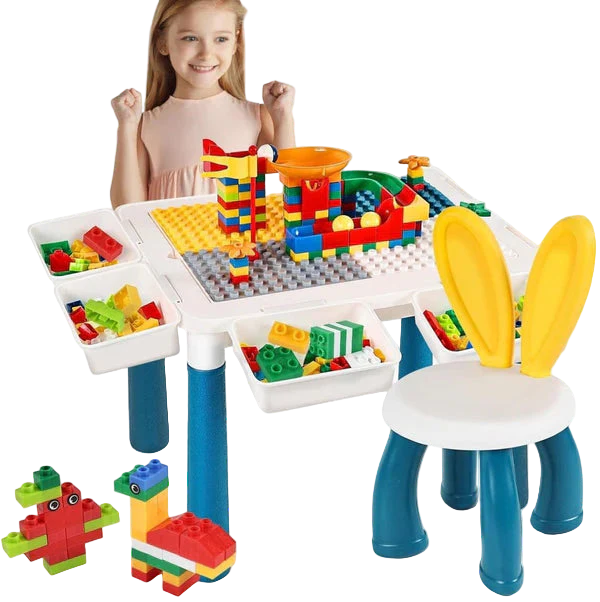 Kids Building Blocks Table with Chair & Learning Station